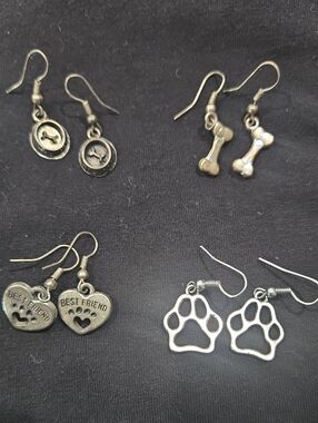 Dog Lover Silver-Tone Dangle Earring Set - Paw, Bone, Best Friend
